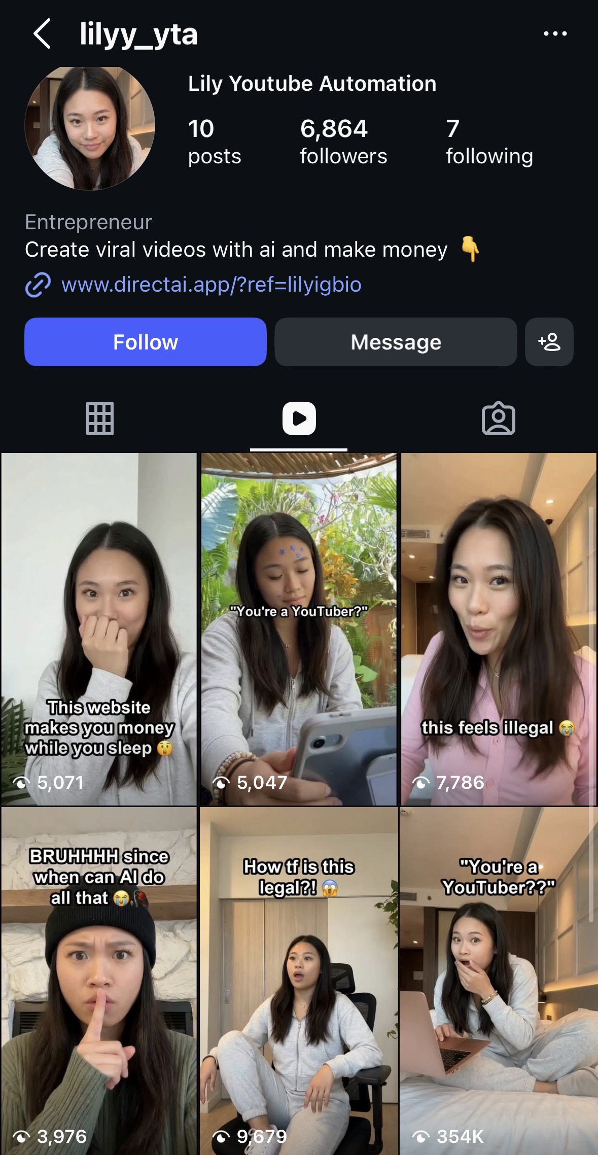 Screenshot of @lilyy_yta on Instagram showing 10 posts and 6,864 followers